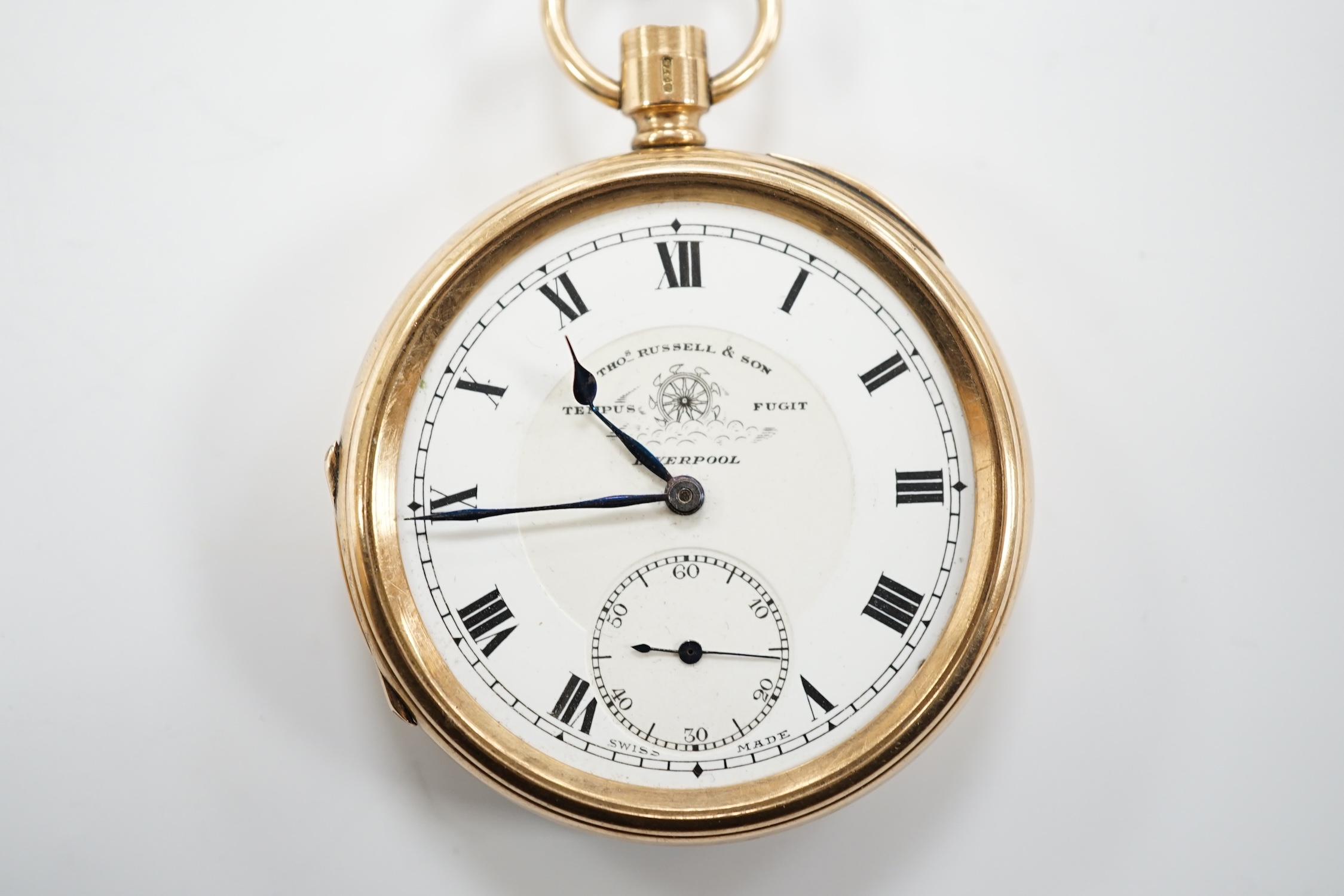 A 9ct gold open face pocket watch by Thomas Russell & Sons of Liverpool, with Roman dial